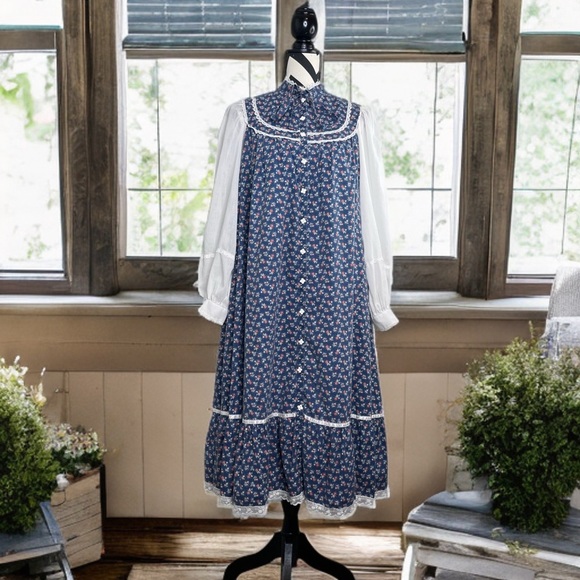 Gunne Sax Vintage 1970's Cottagecore Puff Sleeve Floral Sz 9 Midi Dress - Picture 3 of 16